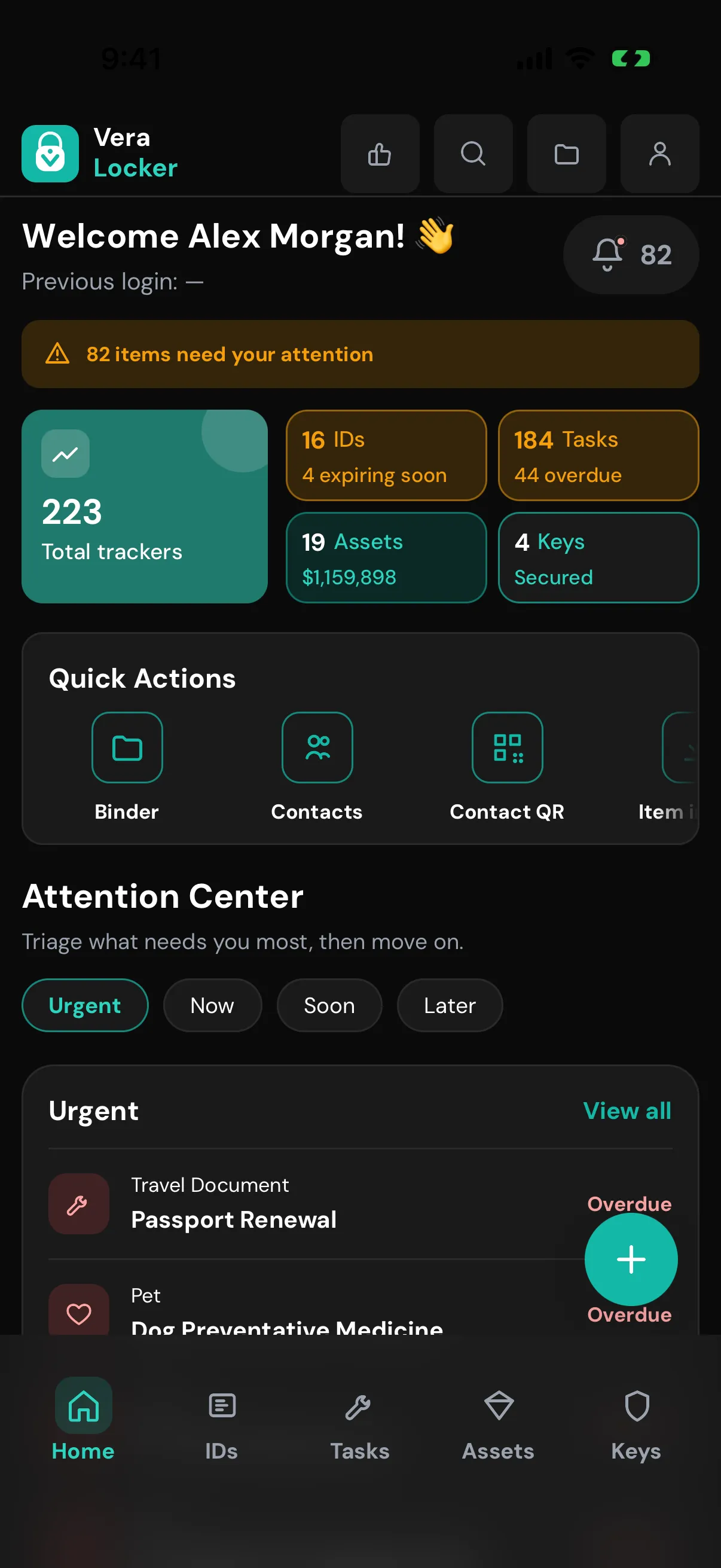 VeraLocker home dashboard with item counts and on-device storage
