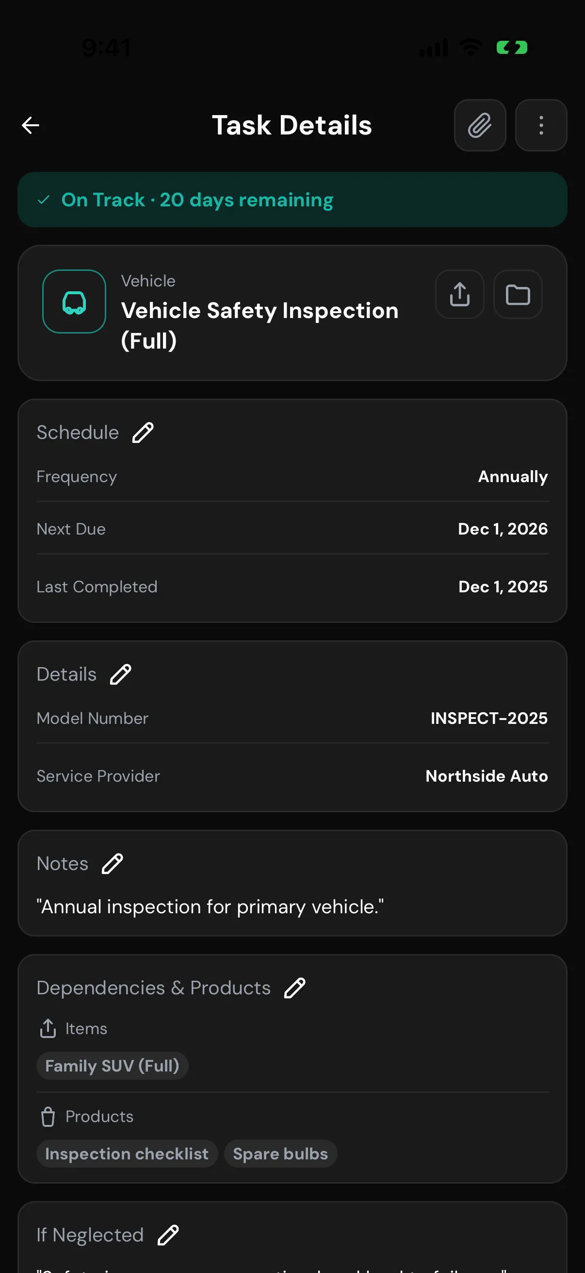 Maintenance task detail showing the schedule and the impact if neglected