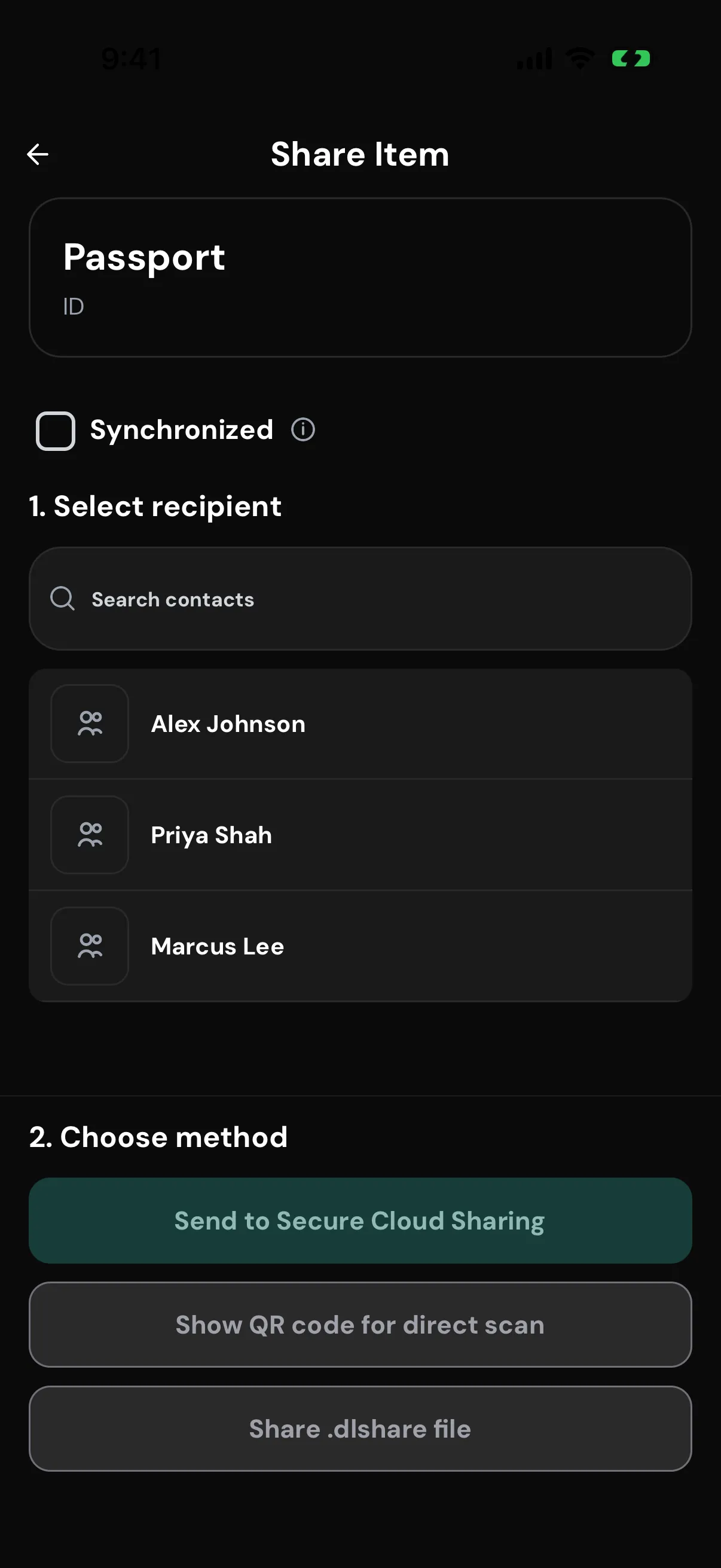 Share Item screen with contacts and the cloud, QR, and file send options