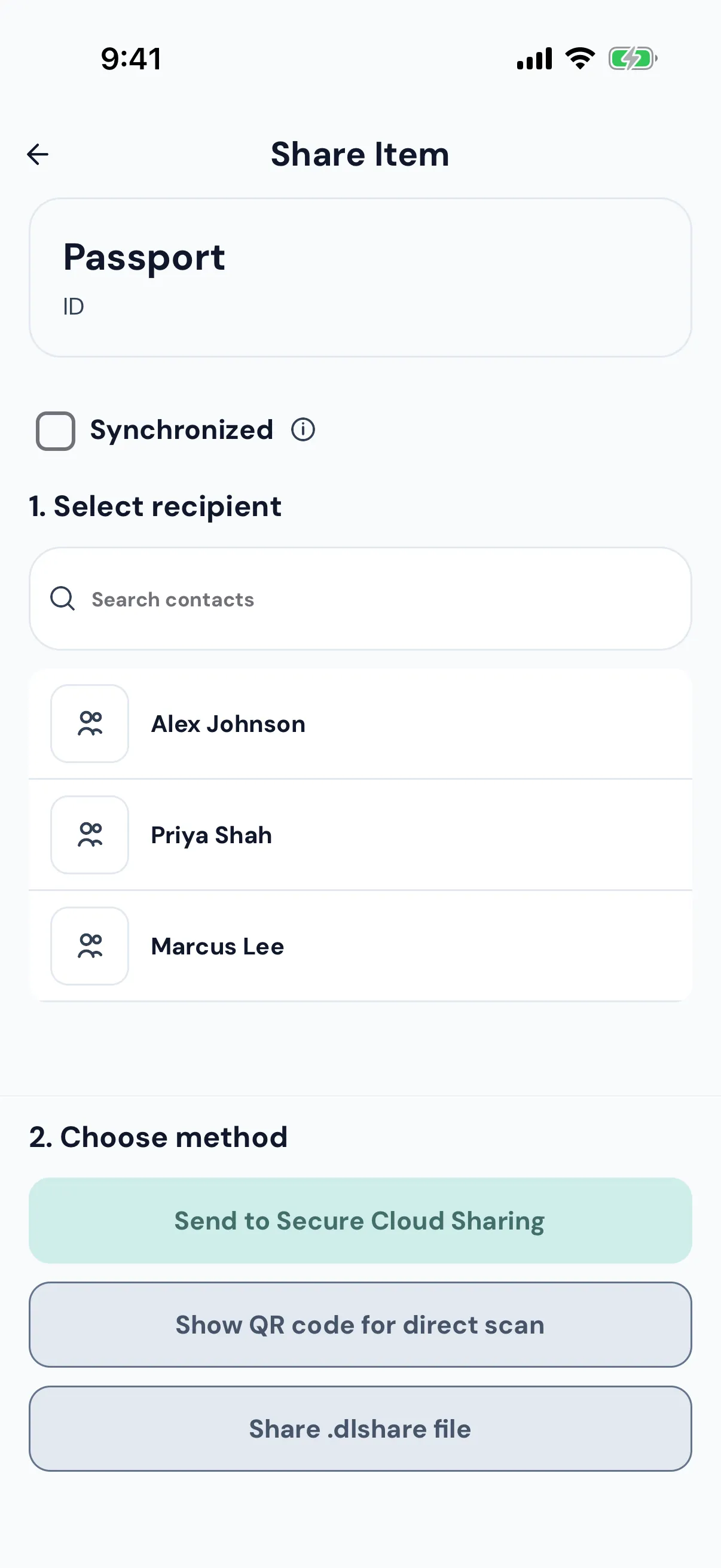 Share Item screen with contacts and the cloud, QR, and file send options
