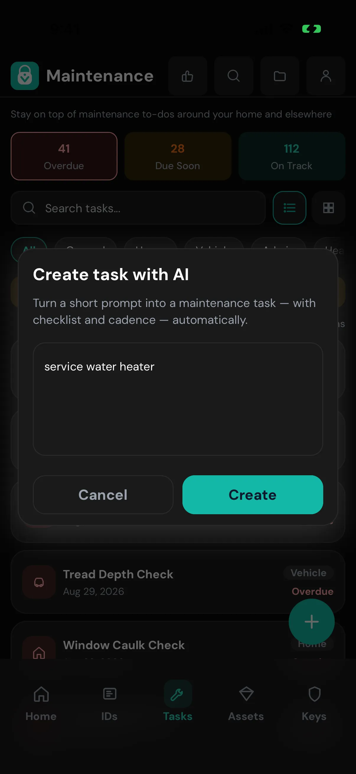 AI task generator turning a short prompt into a maintenance task