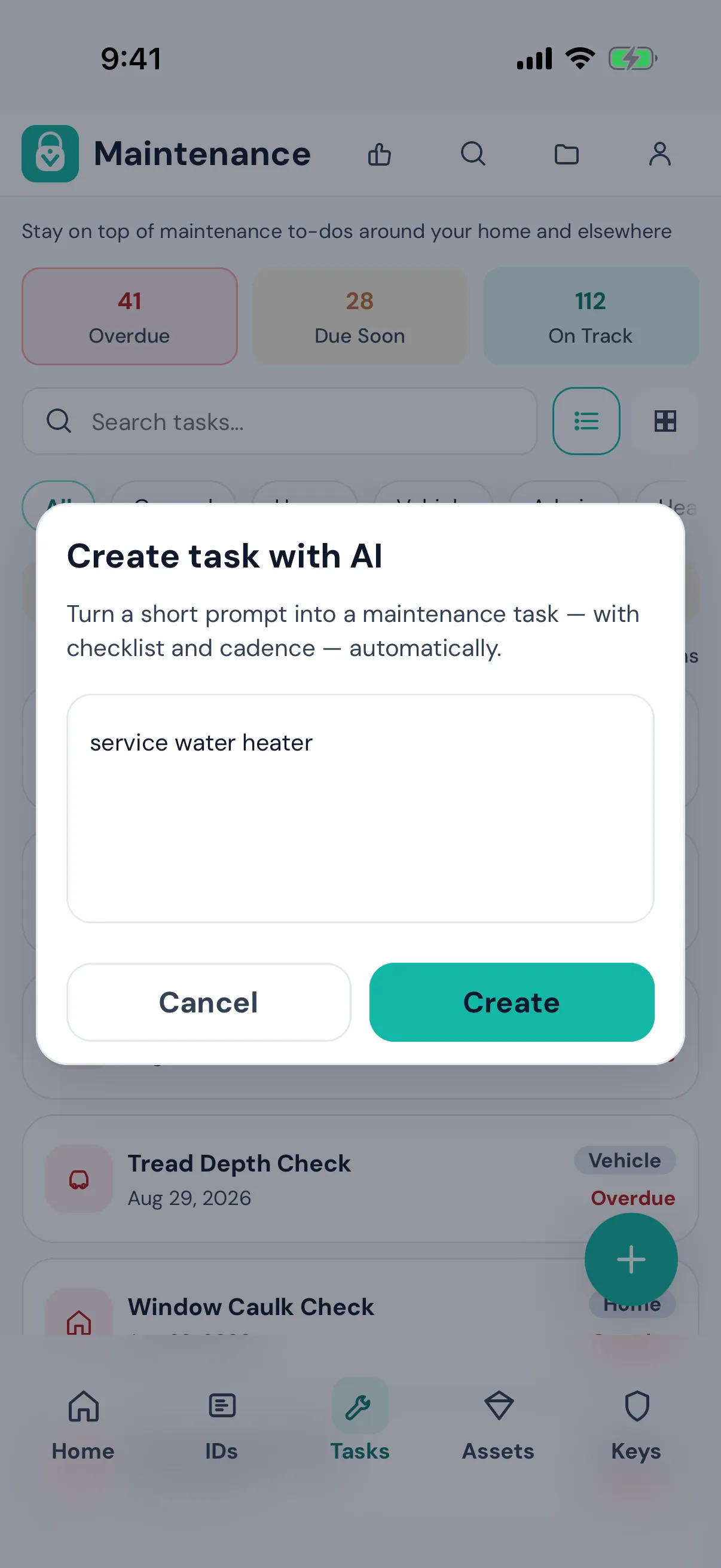 AI task generator turning a short prompt into a maintenance task