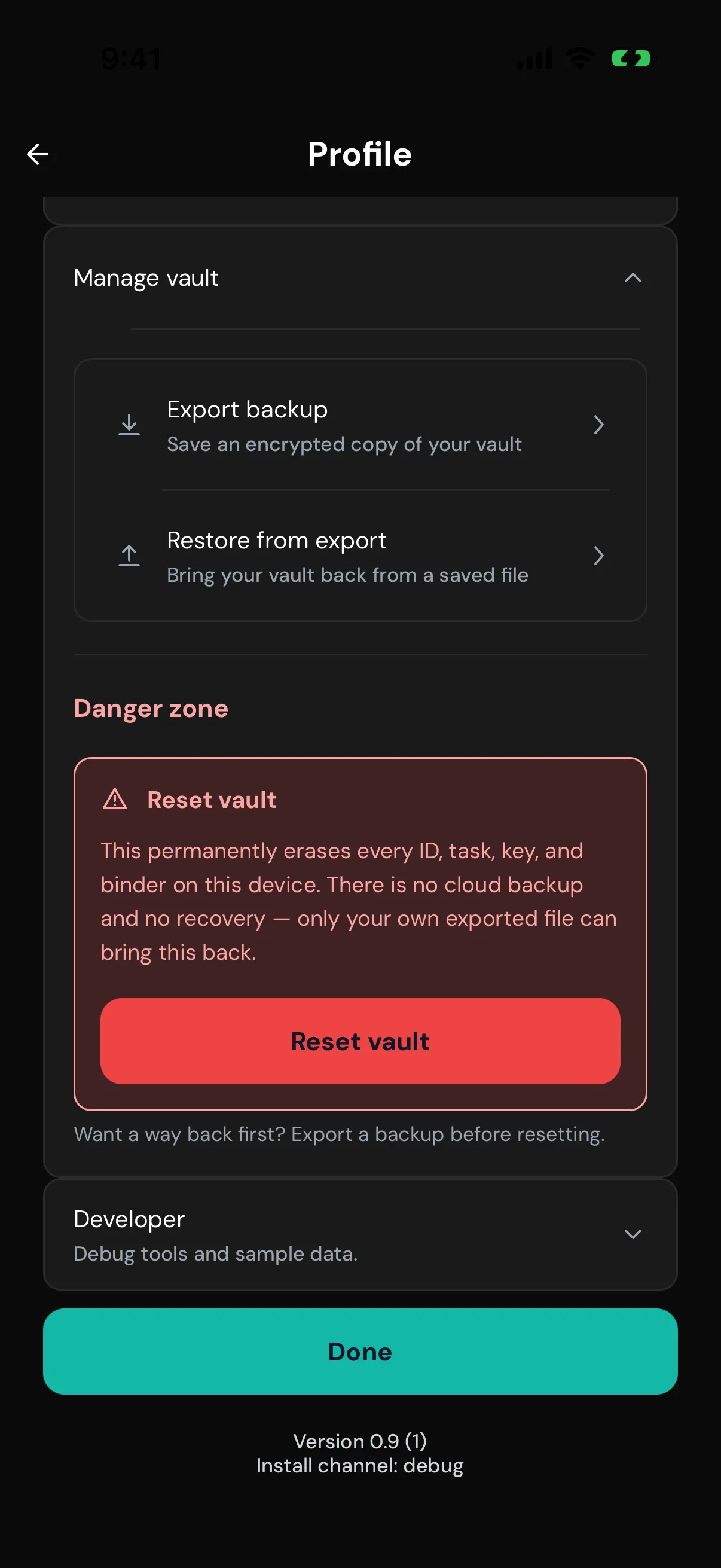 Manage vault settings with export backup and restore from export