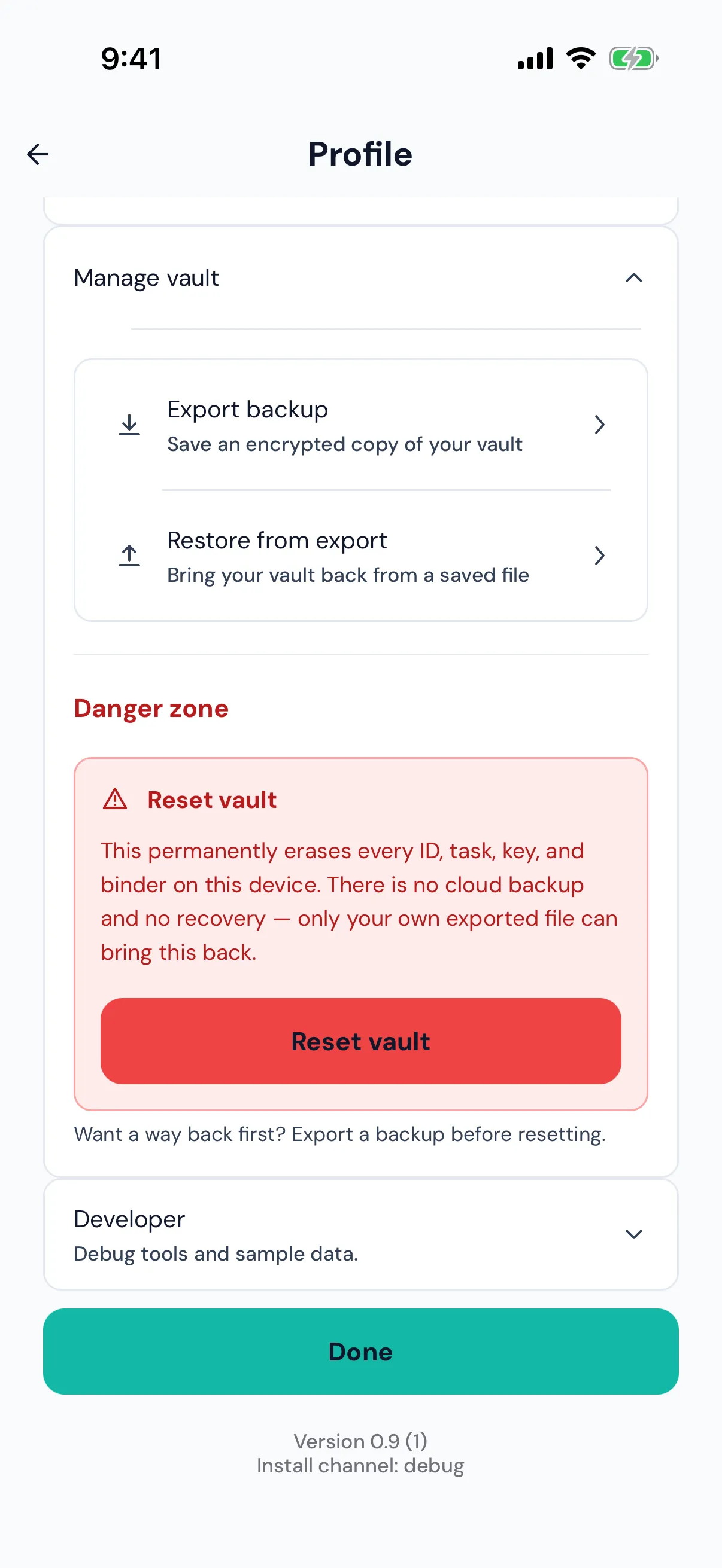 Manage vault settings with export backup and restore from export
