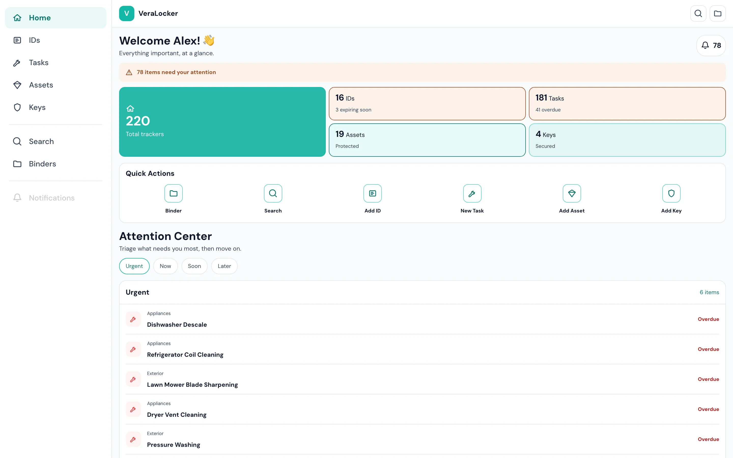 The VeraLocker desktop client showing the vault dashboard, metrics, quick actions, and attention center